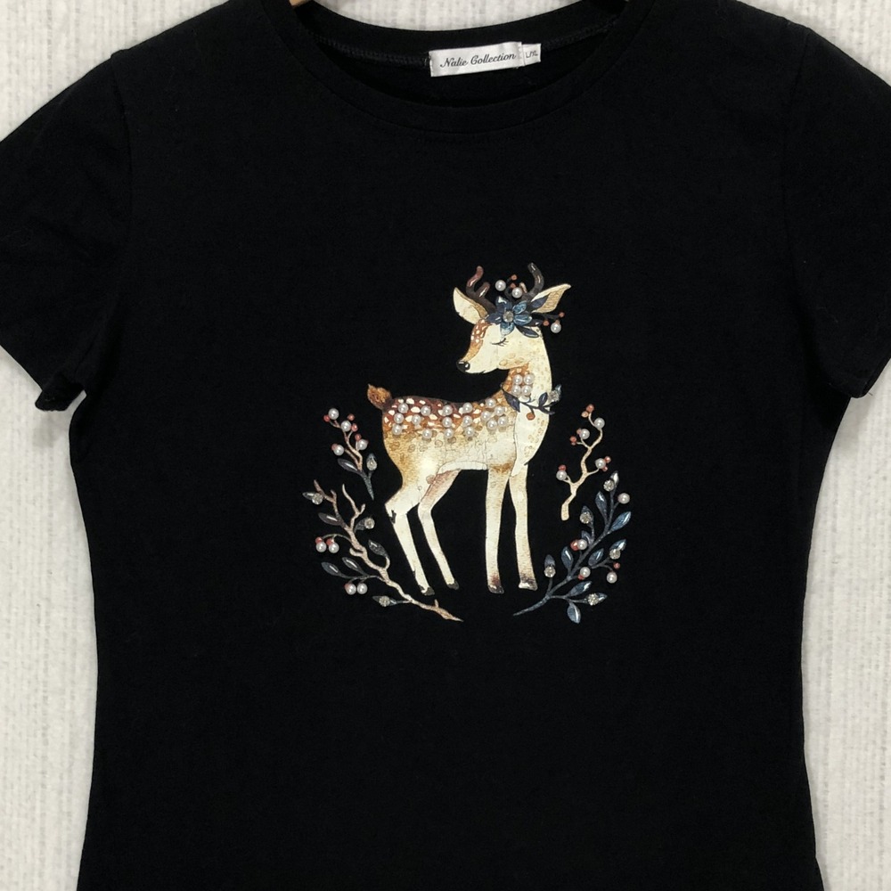 Nalie Collection Black Deer Graphic Tee Embellished Pearl Rhinestone L/XL